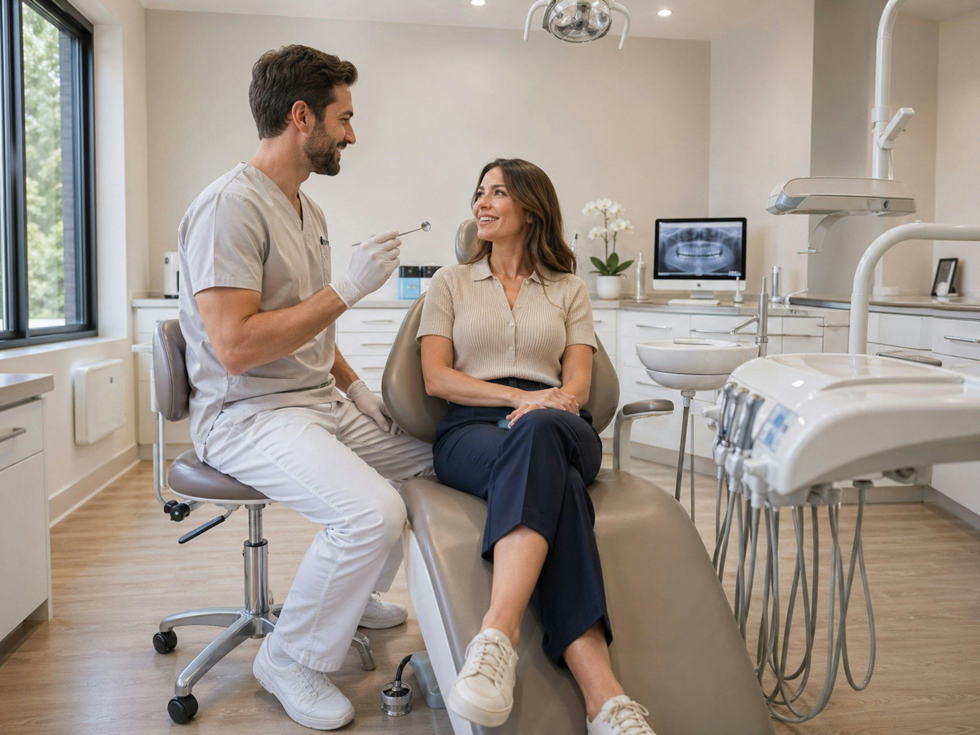 A dentist sitting beside a patient in a treatment room, talking with them.